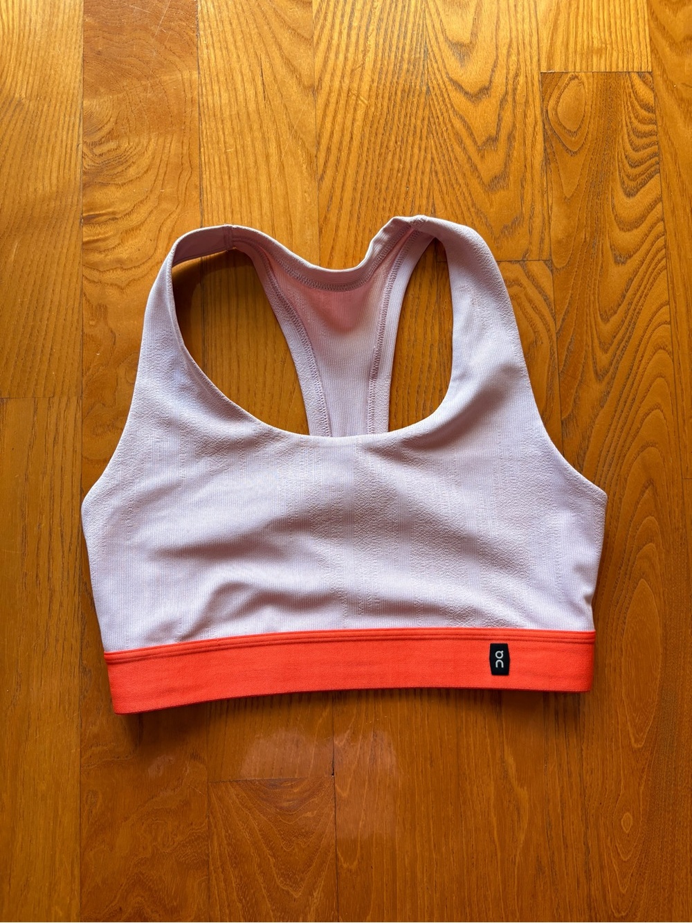 On Running Light Pink Racerback Sports Bra with Coral Band